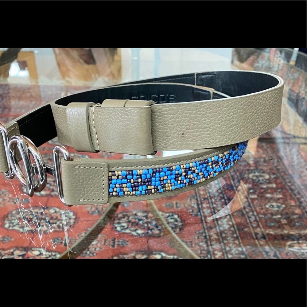 Chico's Blue Bead Faux Leather Adjustable Length‎ Belt Silver Buckle